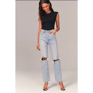 Abercrombie & Fitch The Dad High Rise Jeans Blue Blown Out Knee Light Size 4R
